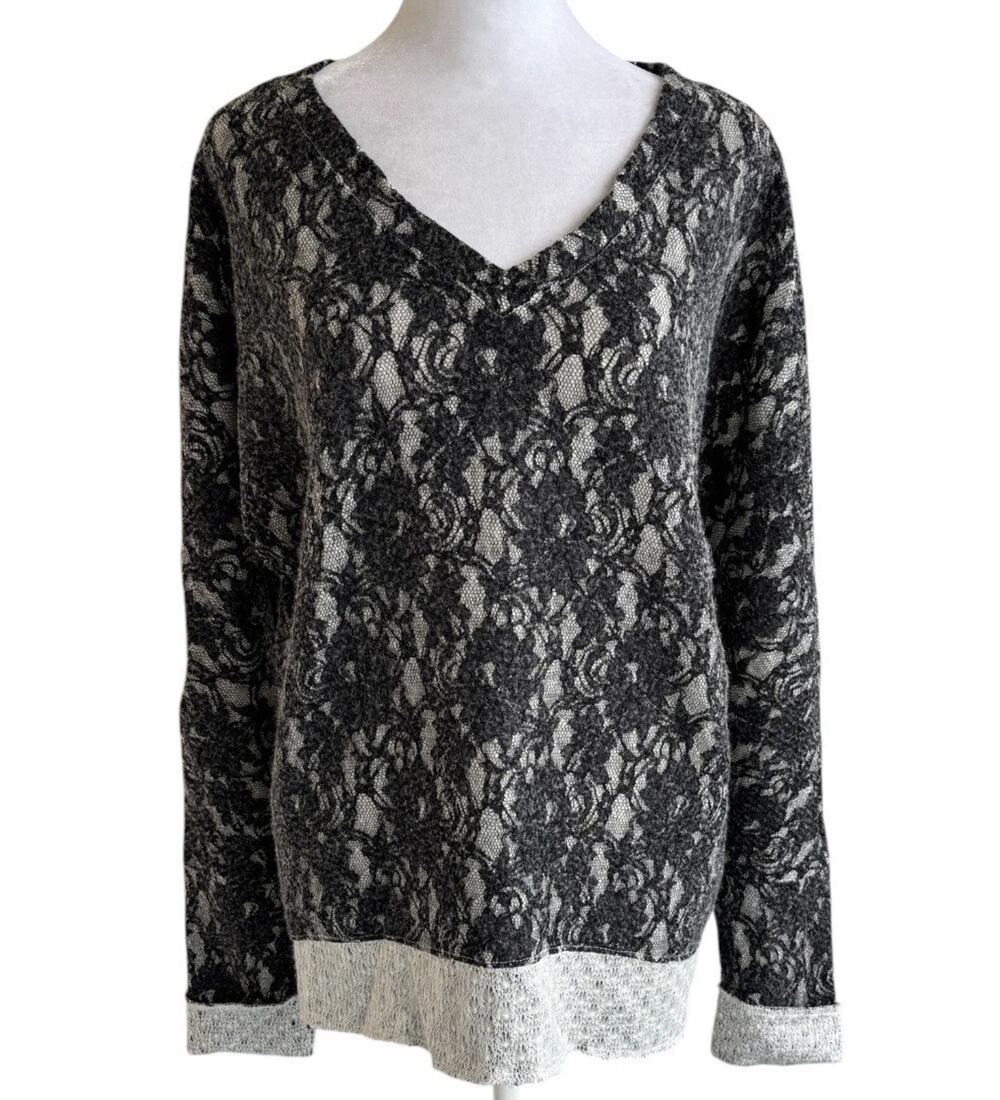 KUT from the Kloth Black Lace Overlay Knit Pullover V-Neck Top Size M